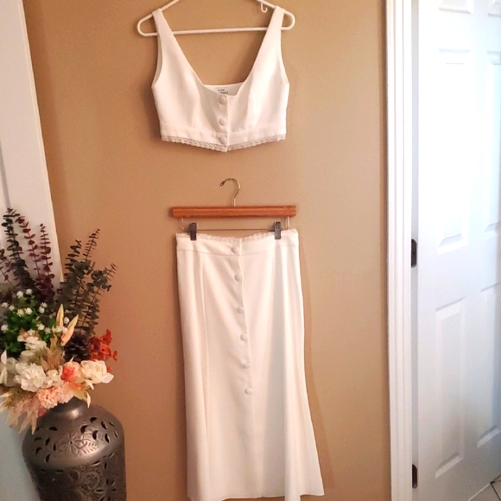 Rime Arodaky White Midi Skirt And Sleeveless Vest Crop with Button Detail